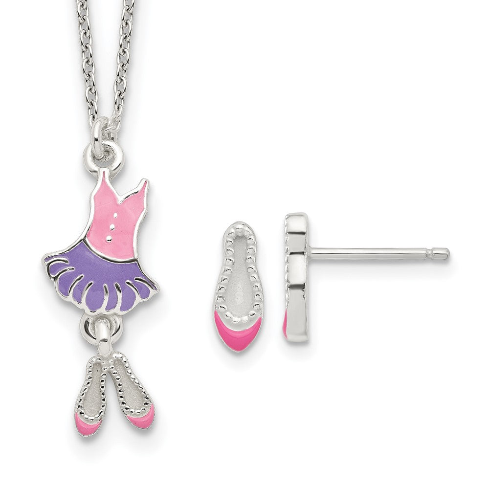 Sterling Silver Polished Enameled Ballerina 14in Necklace & Earring Set (1.11 grams)