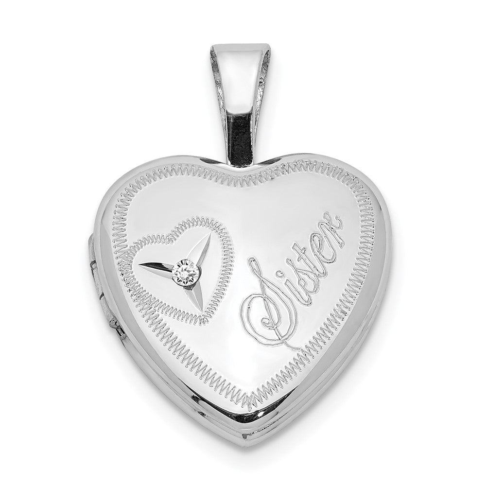 Sterling Silver Rhodium-plated & Diamond Sister Heart 12mm Heart Locket (1.37 grams)