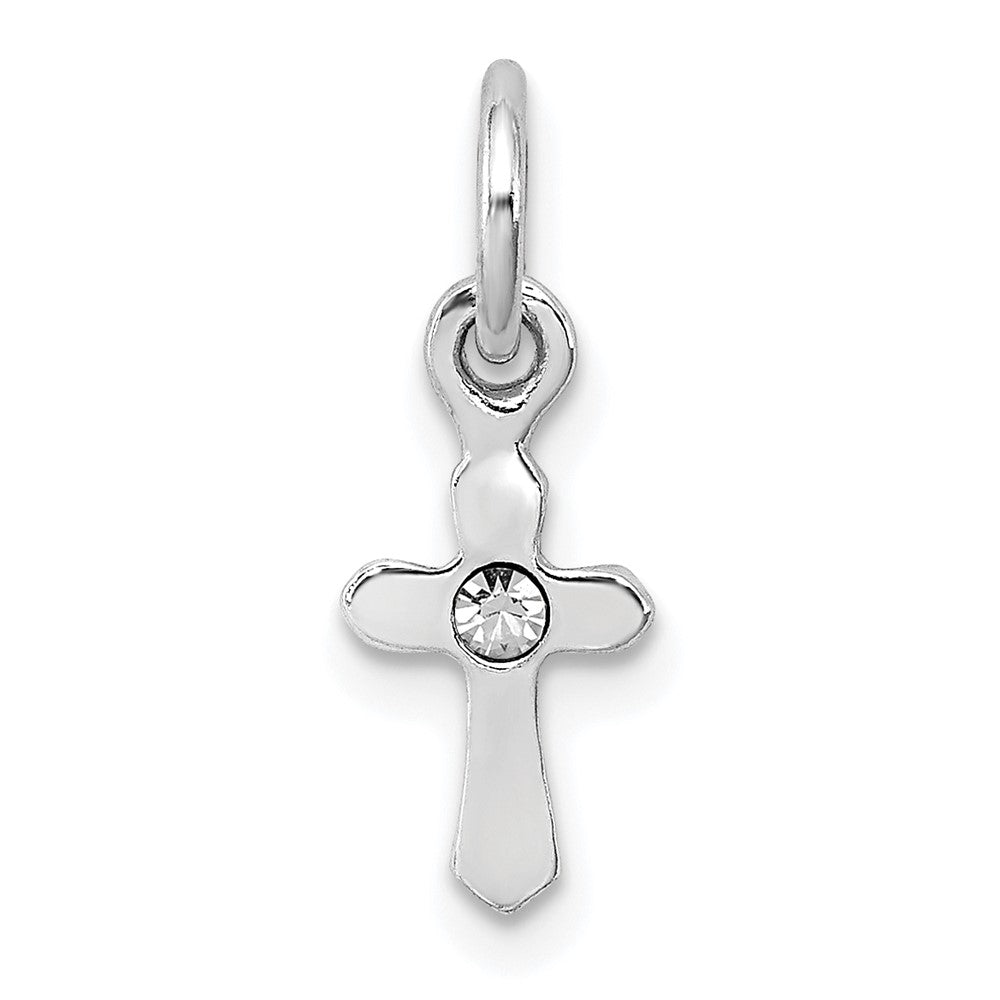 Sterling Silver RH-pltd Child's Apr Clear Preciosca Crystal Cross Pendant (0.28 grams)