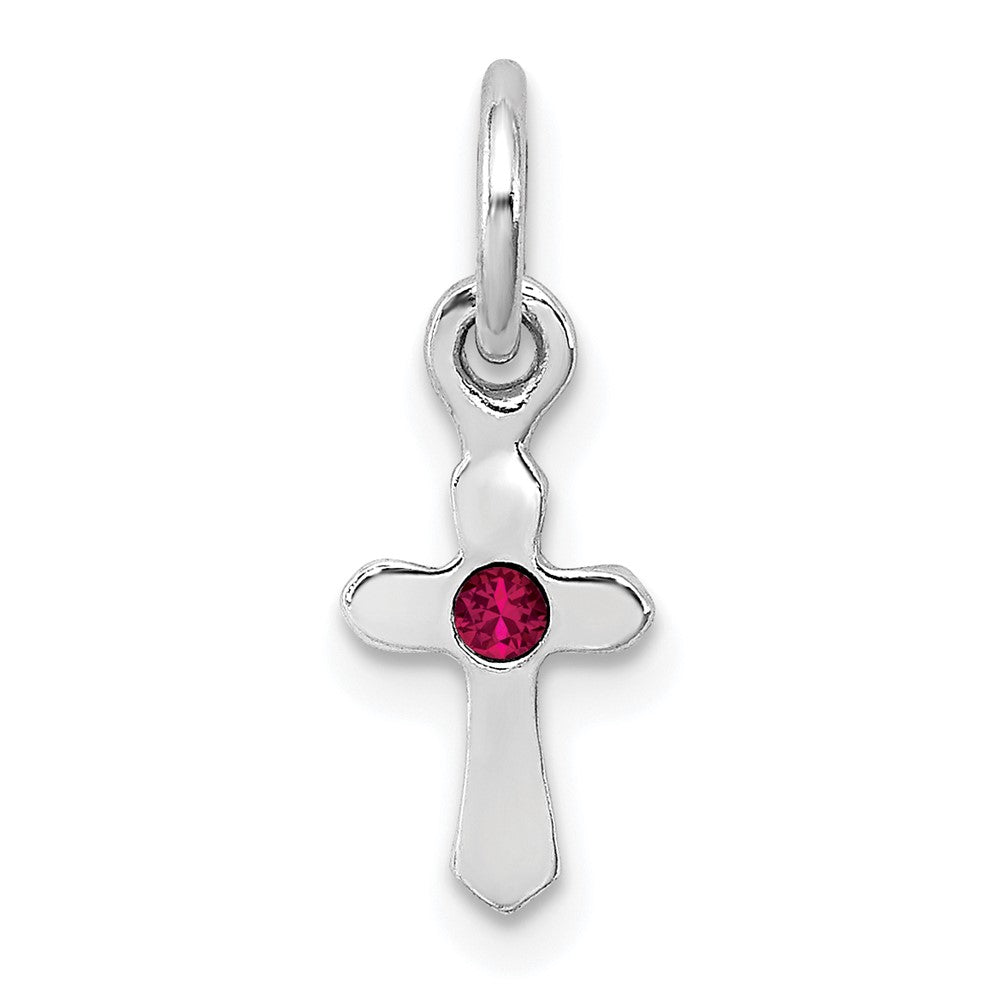 Sterling Silver RH-pltd Child's July Red Preciosca Crystal Cross Pendant (0.28 grams)