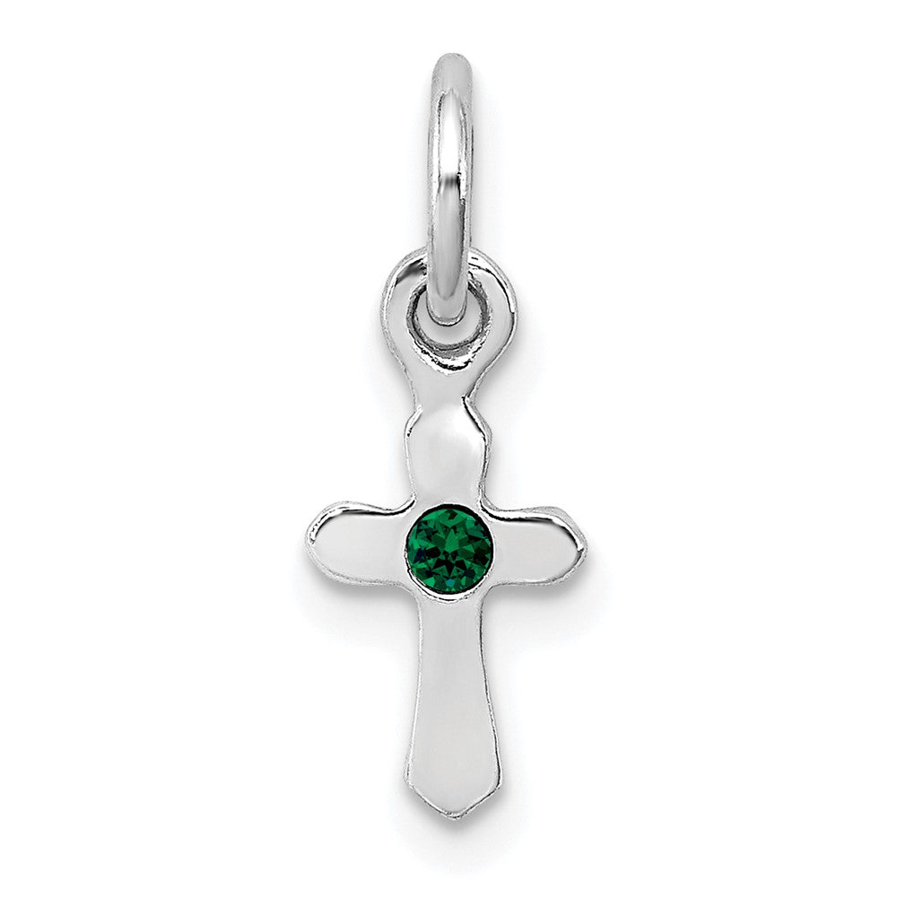 Sterling Silver RH-pltd Child's May Green Preciosca Crystal Cross Pendant (0.28 grams)