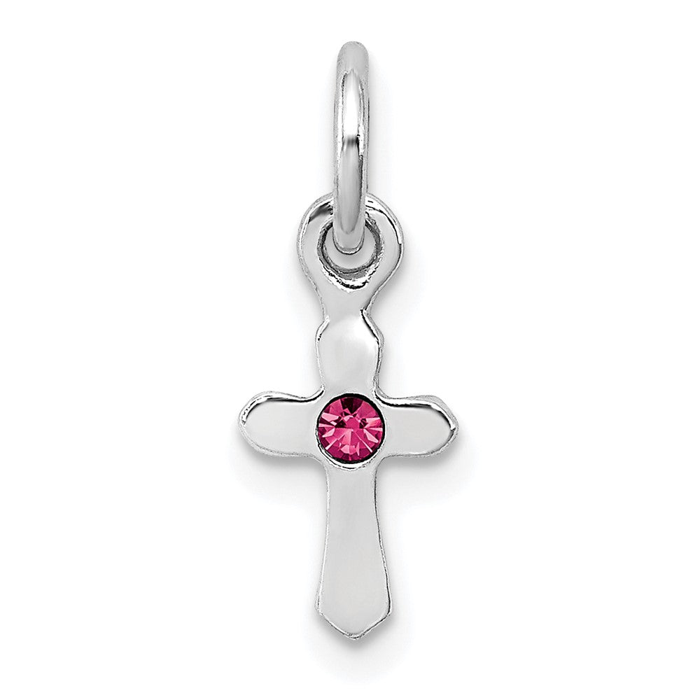 Sterling Silver RH-pltd Child's Oct Pink Preciosca Crystal Cross Pendant (0.28 grams)