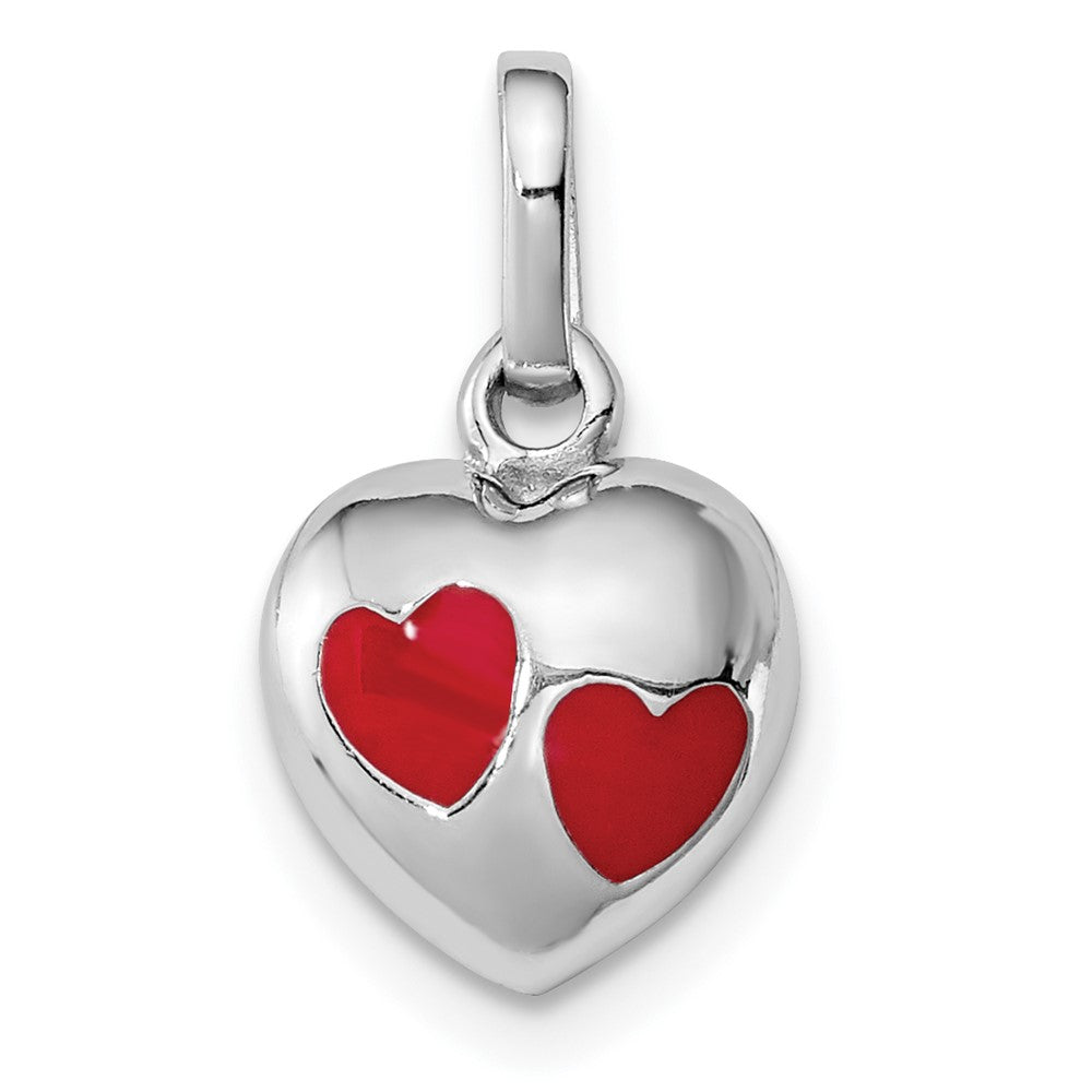 Sterling Silver RH-plated Polished Red Enameled Hearts Children's Pendant (1.18 grams)