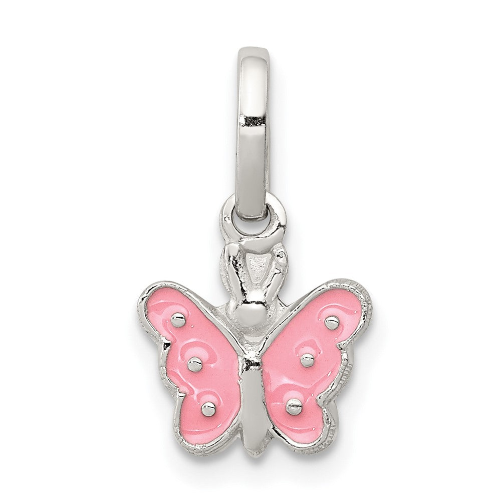 Sterling Silver Rhodium-plated Pink Enameled Butterfly Children's Pendant (0.5 grams)