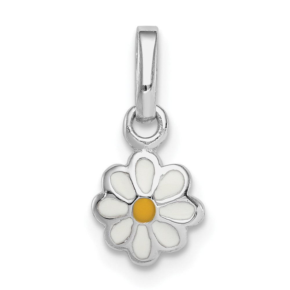 Sterling Silver RH-plated White & Yellow Enamel Daisy Children's Pendant (0.58 grams)