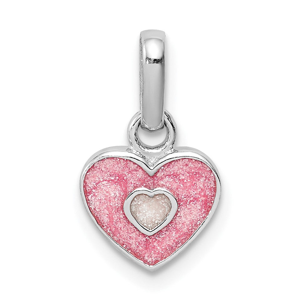 Sterling Silver RH-plated Pink Glitter Enameled Heart Children's Pendant (0.8 grams)