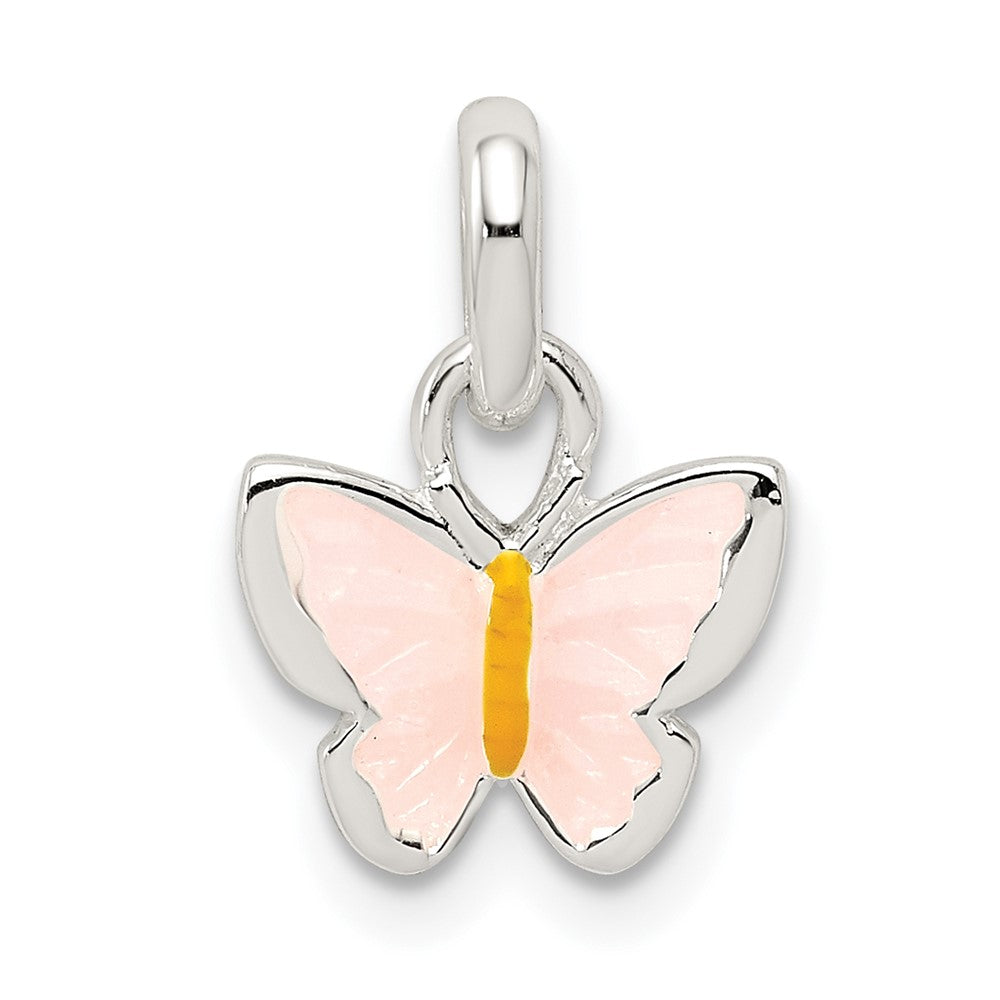 Sterling Silver Polished Pink/Orange Enamel Butterfly Children's Pendant (0.68 grams)