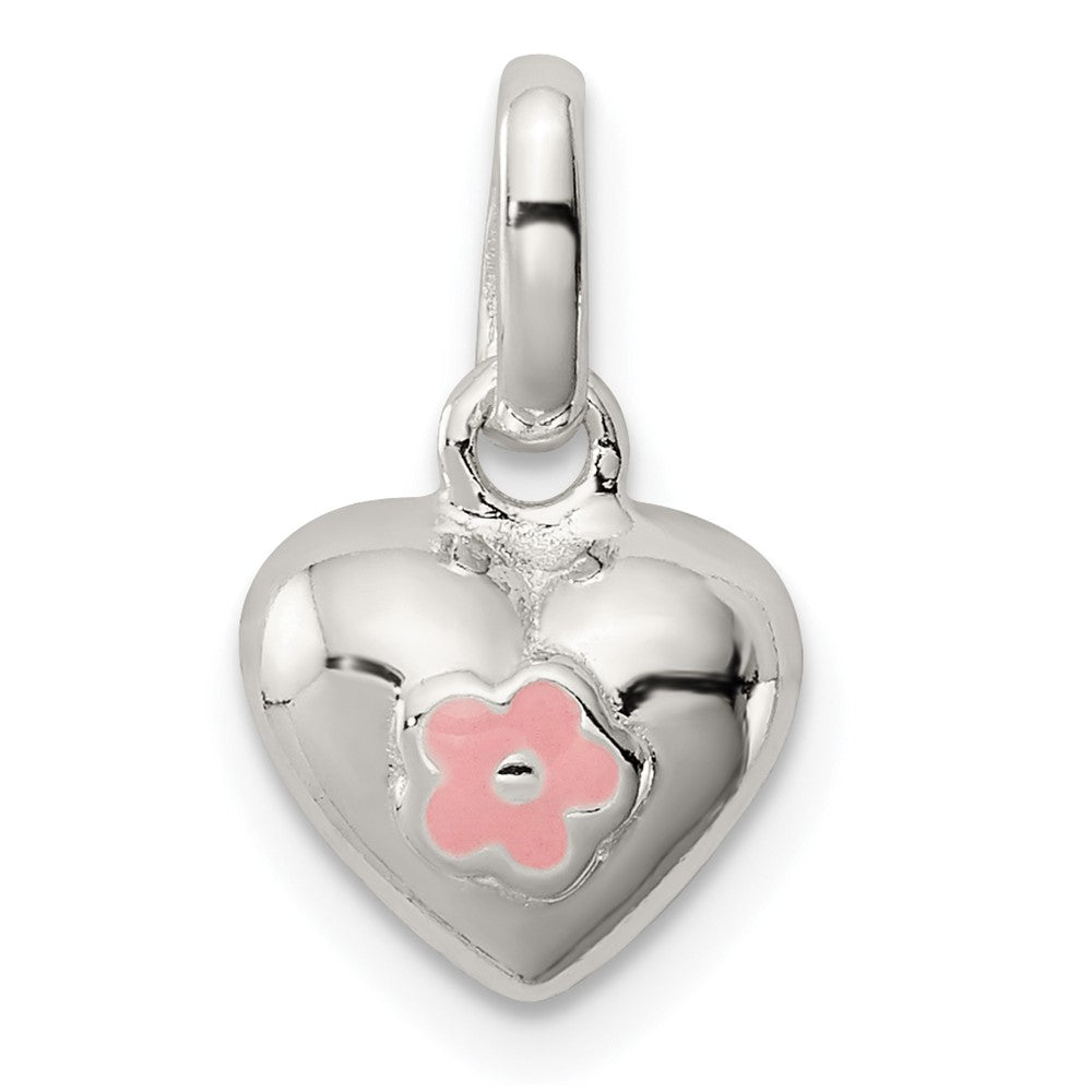 Sterling Silver Polished Pink Enamel Flower on Heart Children's Pendant (1.12 grams)