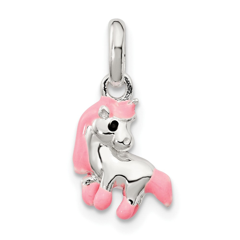 Sterling Silver Polished Pink & Black Enameled Pony Children's Pendant (1.16 grams)