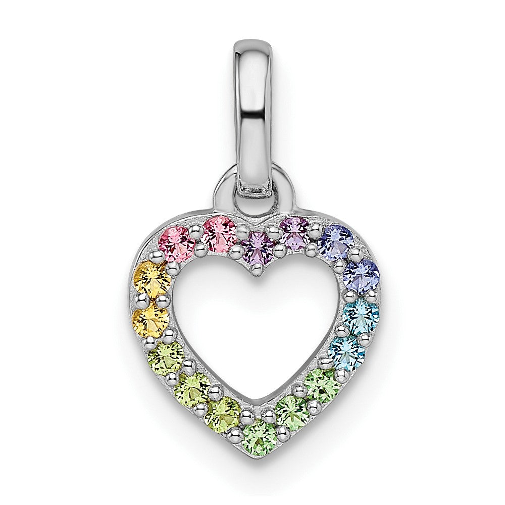 Sterling Silver Rhodium-plated Rainbow Nano Crystal Open Heart Pendant (0.44 grams)