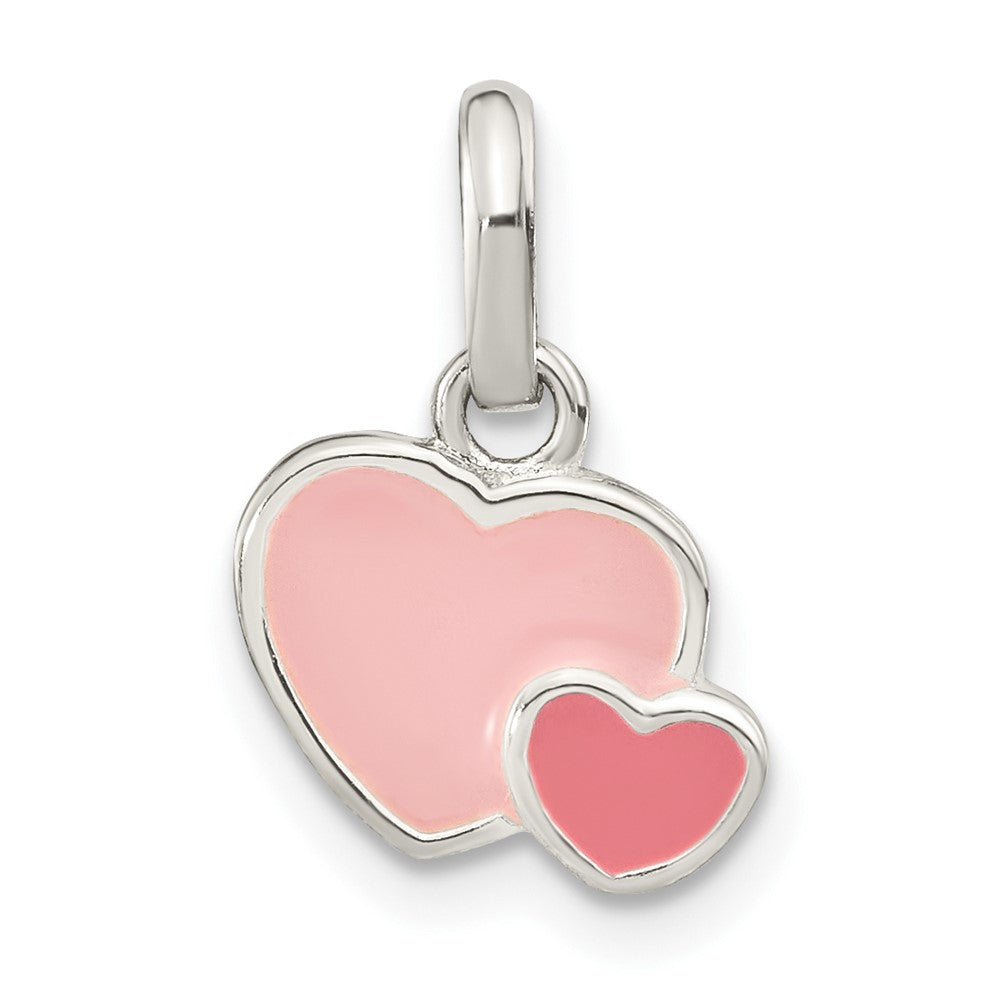 Sterling Silver Rhodium-plated Pink Enamel Double Heart Pendant (0.9 grams)