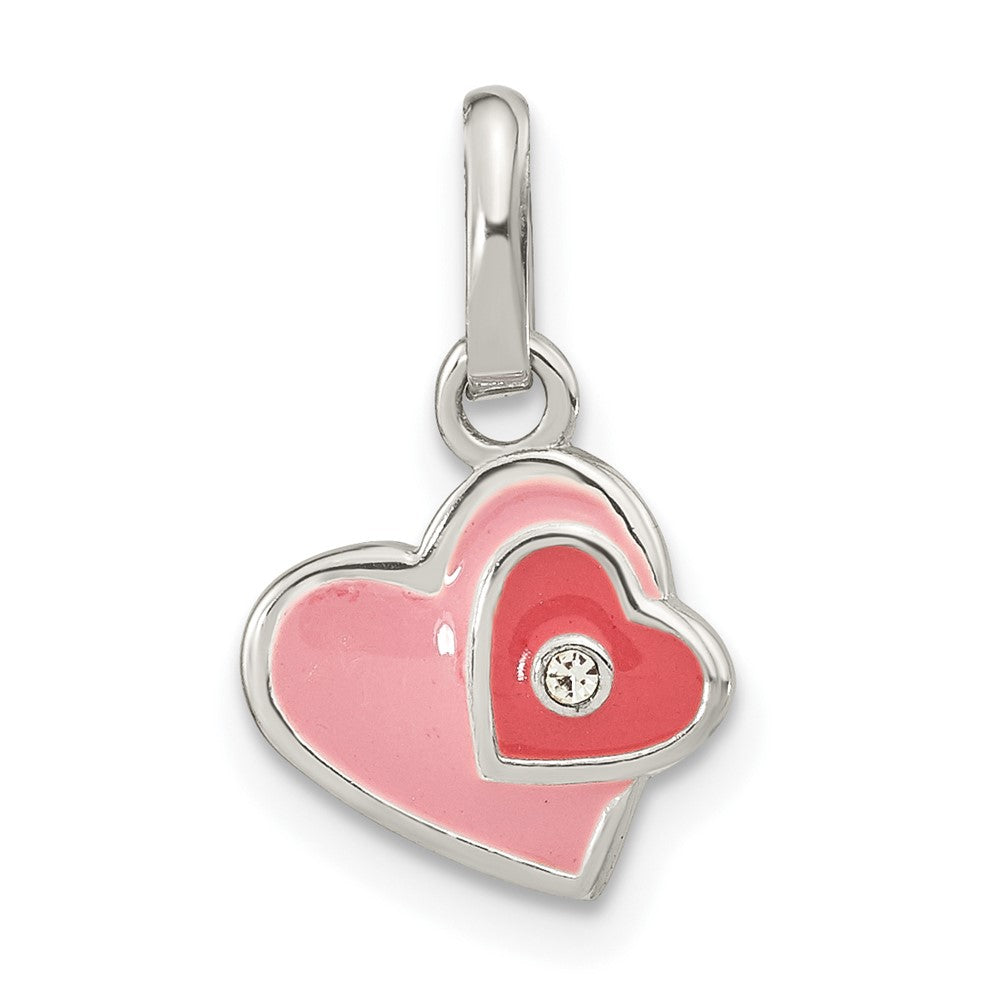 Sterling Silver Rhodium-plated Pink Enamel CZ Double Heart Pendant (0.77 grams)