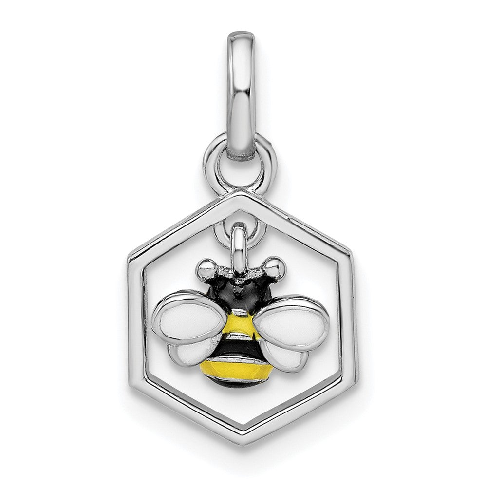 Sterling Silver RH-plated Polished Enameled Bee in Hive Children's Pendant (0.73 grams)