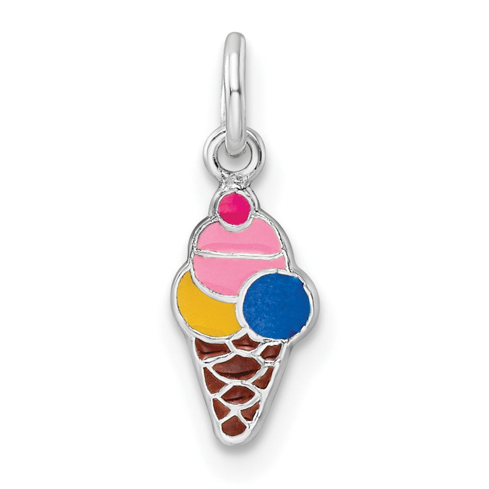 Sterling Silver RH-plated Enameled Ice Cream Cone Children's Pendant (0.33 grams)