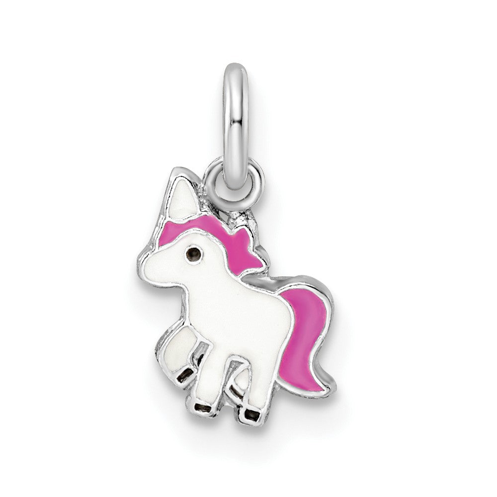 Sterling Silver RH-pltd Pink/White/Black Enamel Unicorn Children's Pendant (0.42 grams)