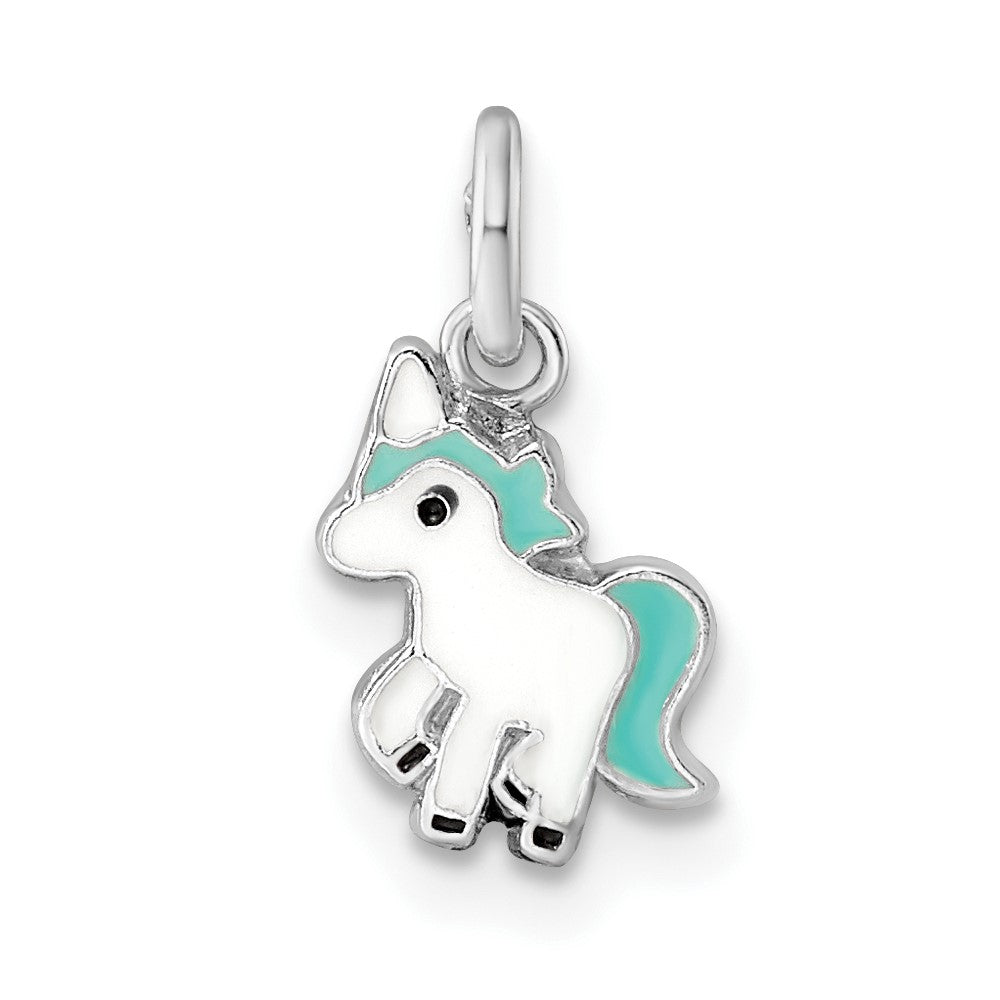 Sterling Silver RH-pltd Blue/White/Black Enamel Unicorn Children's Pendant (0.42 grams)