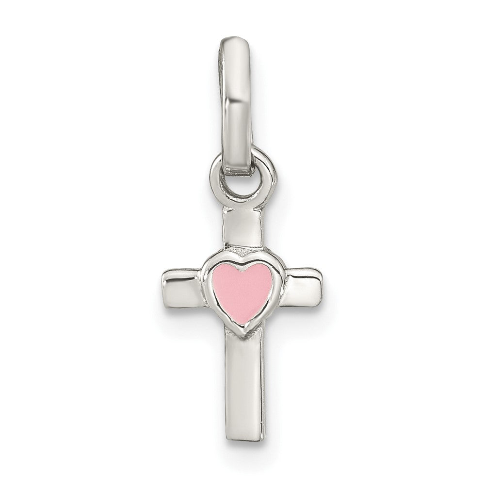 Sterling Silver Rhodium-plated Cross Pink Enamel Heart Pendant (0.43 grams)