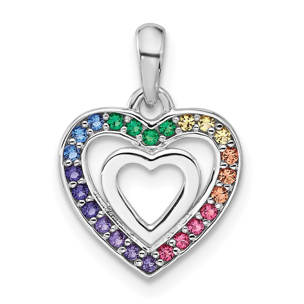 Sterling Silver RH-plated Rainbow Crystal Double Heart Children's Pendant (1.05 grams)