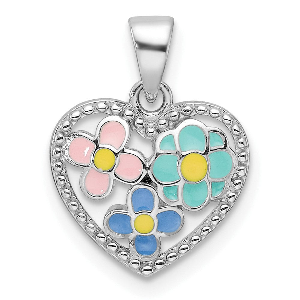 Sterling Silver Rhodium-plated Enameled Floral Heart Children's Pendant (1.17 grams)