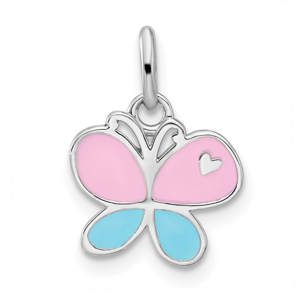 Sterling Silver RH-plated Blue & Pink Enamel Butterfly Children's Pendant (0.82 grams)