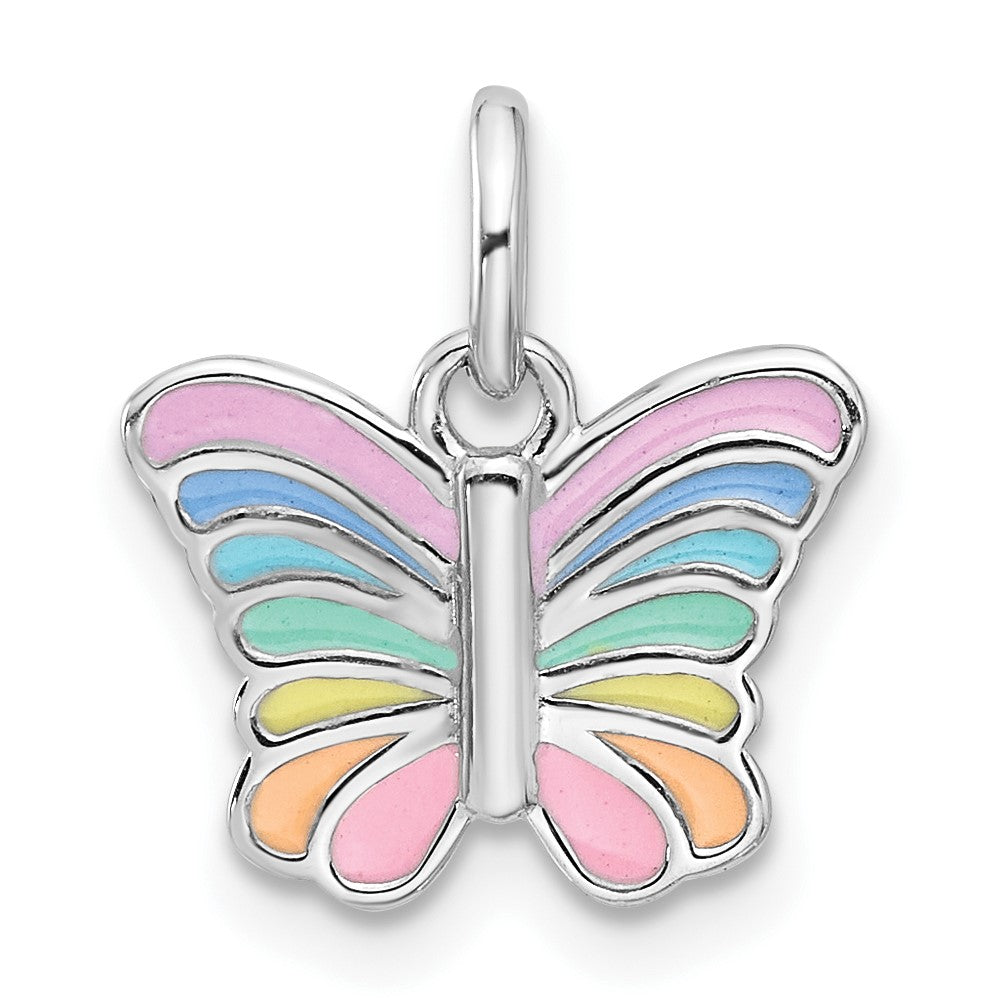 Sterling Silver RH-plated Multi-color Enameled Butterfly Children's Pendant (0.94 grams)