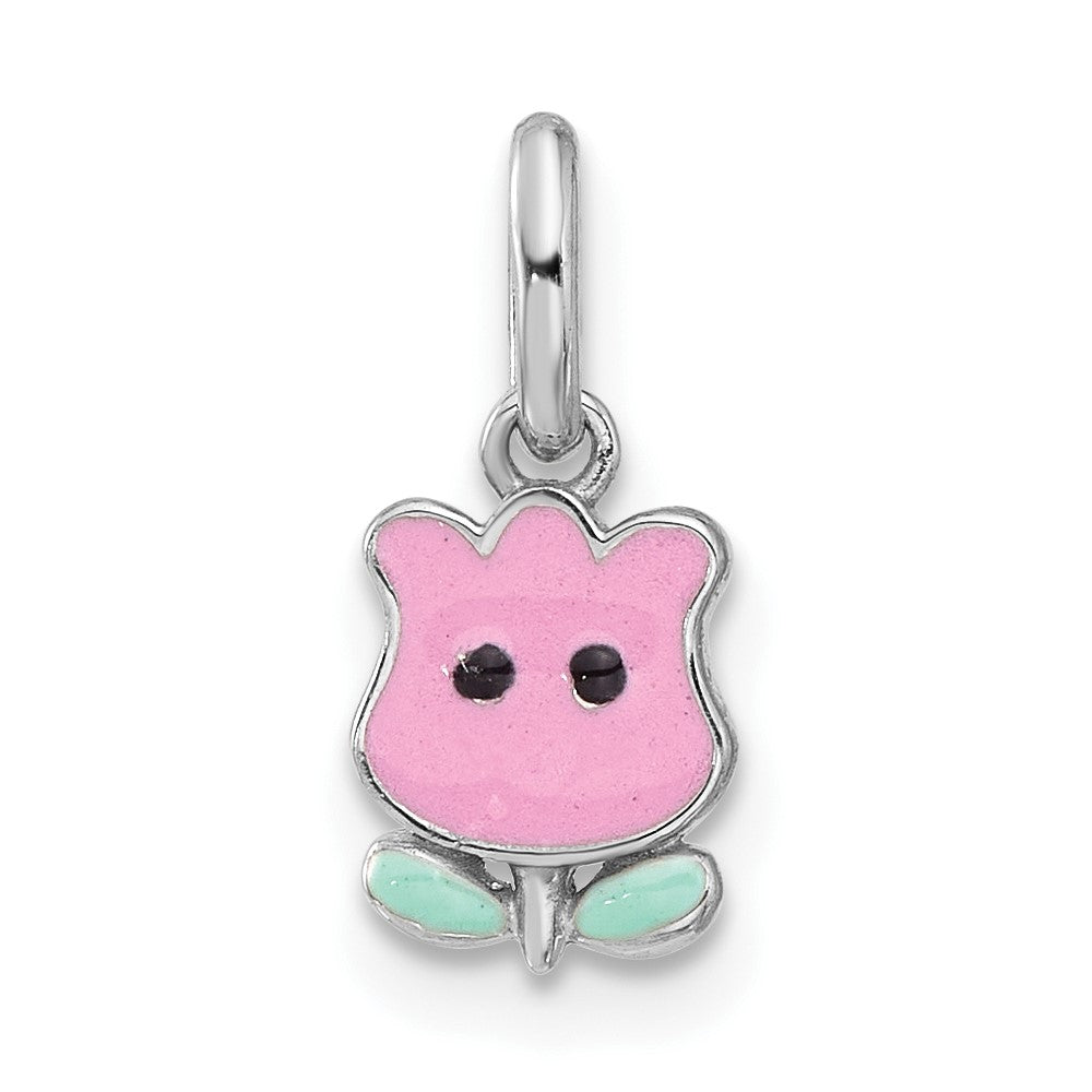 Sterling Silver RH-plated Pink & Green Enamel Tulip Children's Pendant (0.43 grams)