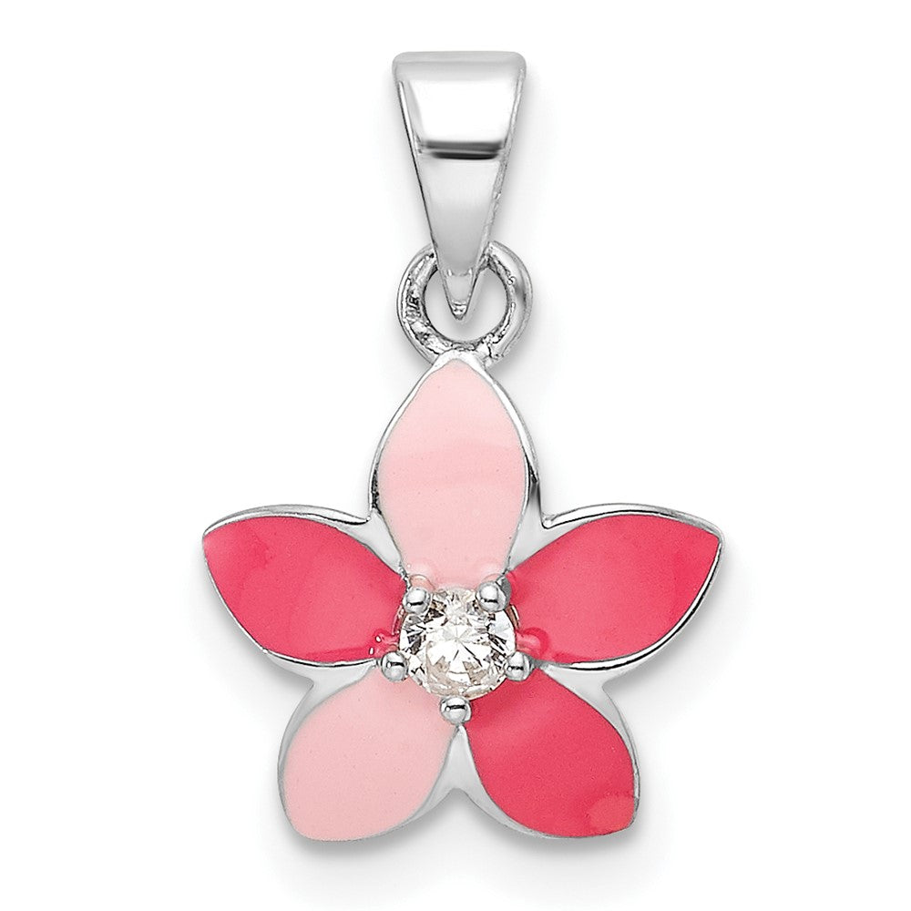 Sterling Silver Rhod-plated Pink Enamel & CZ Flower Children's Pendant (0.86 grams)