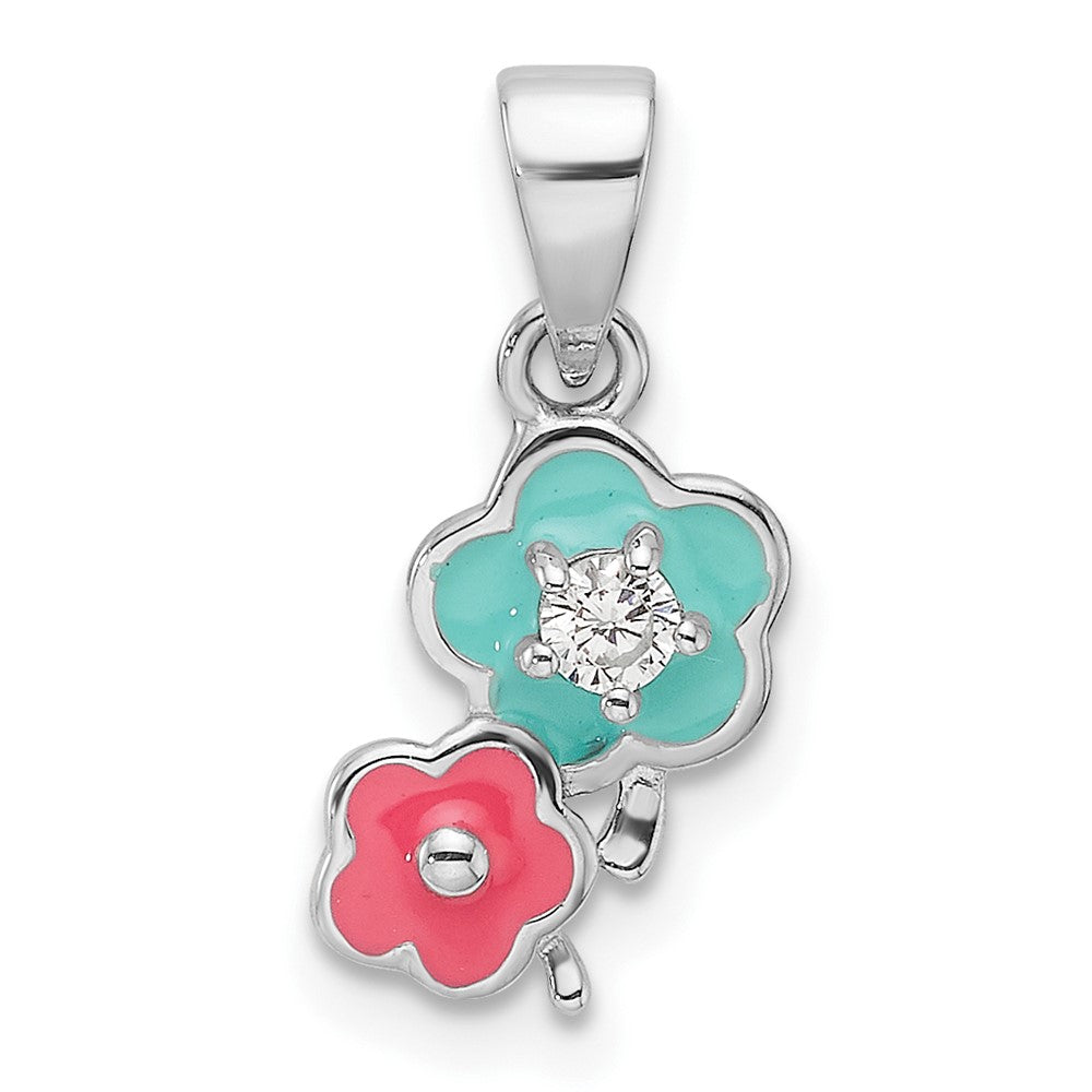 Sterling Silver RH-plated Blue/Pink Enamel & CZ Floral Children's Pendant (1.08 grams)