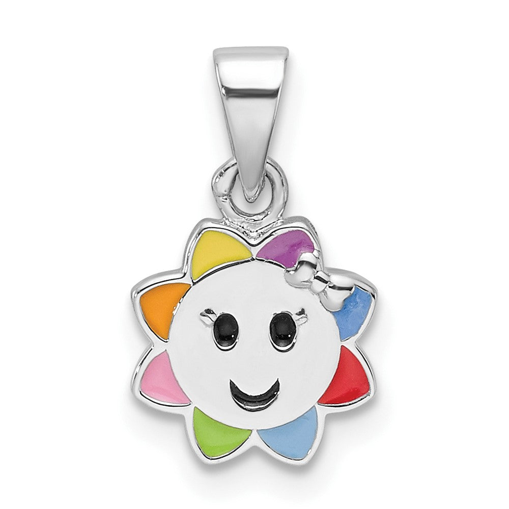 Sterling Silver RH-plated Multicolor Enamel Smiling Sun Children's Pendant (1.08 grams)