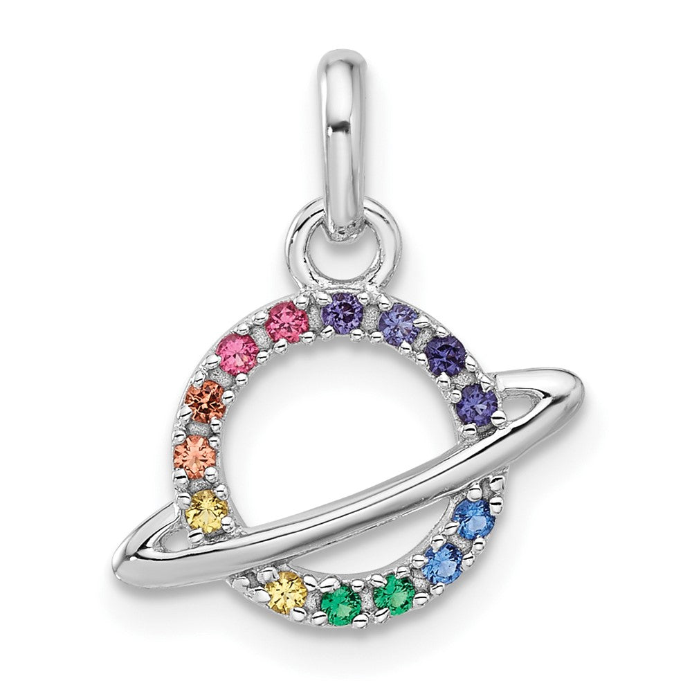 Sterling Silver Rhod-plated Multi-color Crystal Planet Children's Pendant (0.74 grams)