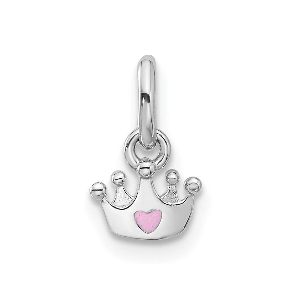 Sterling Silver RH-plated Pink Enameled Heart Crown Children's Pendant (0.22 grams)