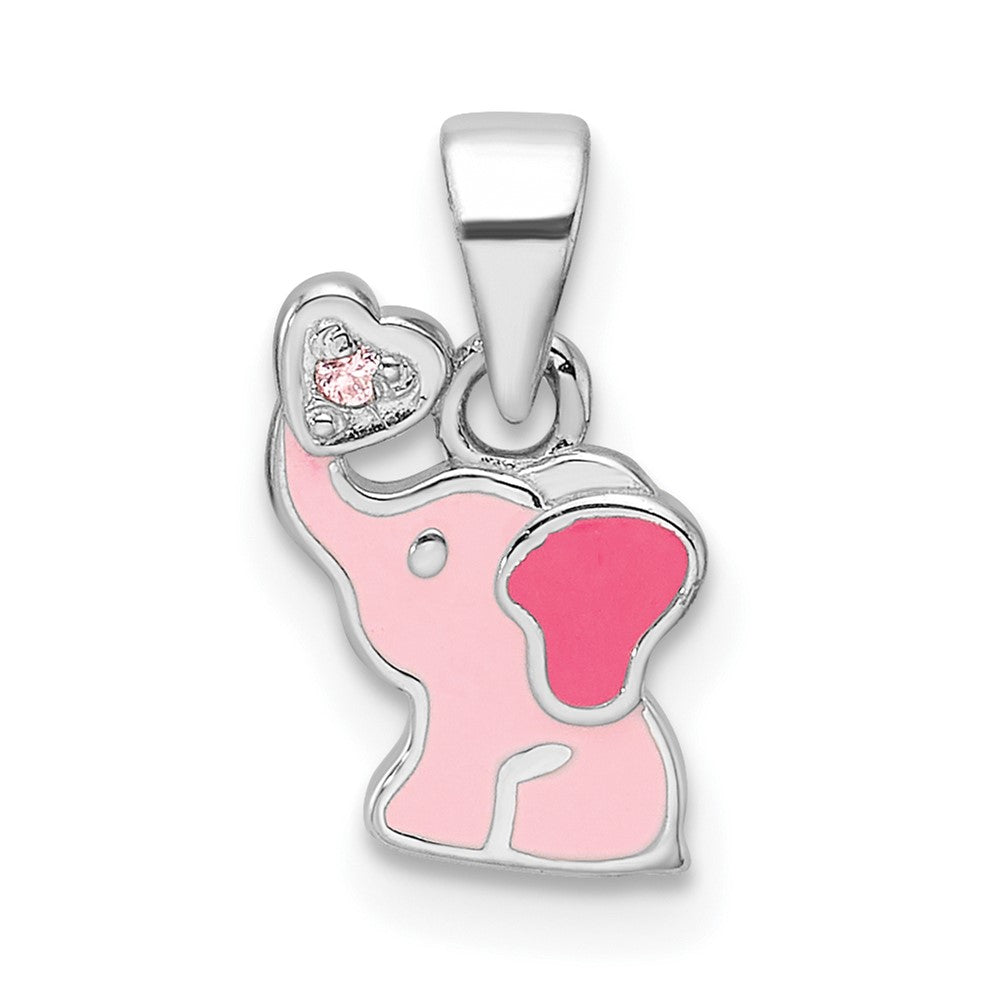 Sterling Silver RH-plated Pink Enamel & CZ Elephant Children's Pendant (0.86 grams)