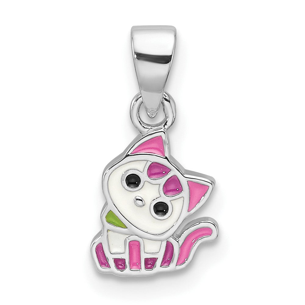 Sterling Silver Rhod-plated Multi-color Enameled Cat Children's Pendant (0.81 grams)