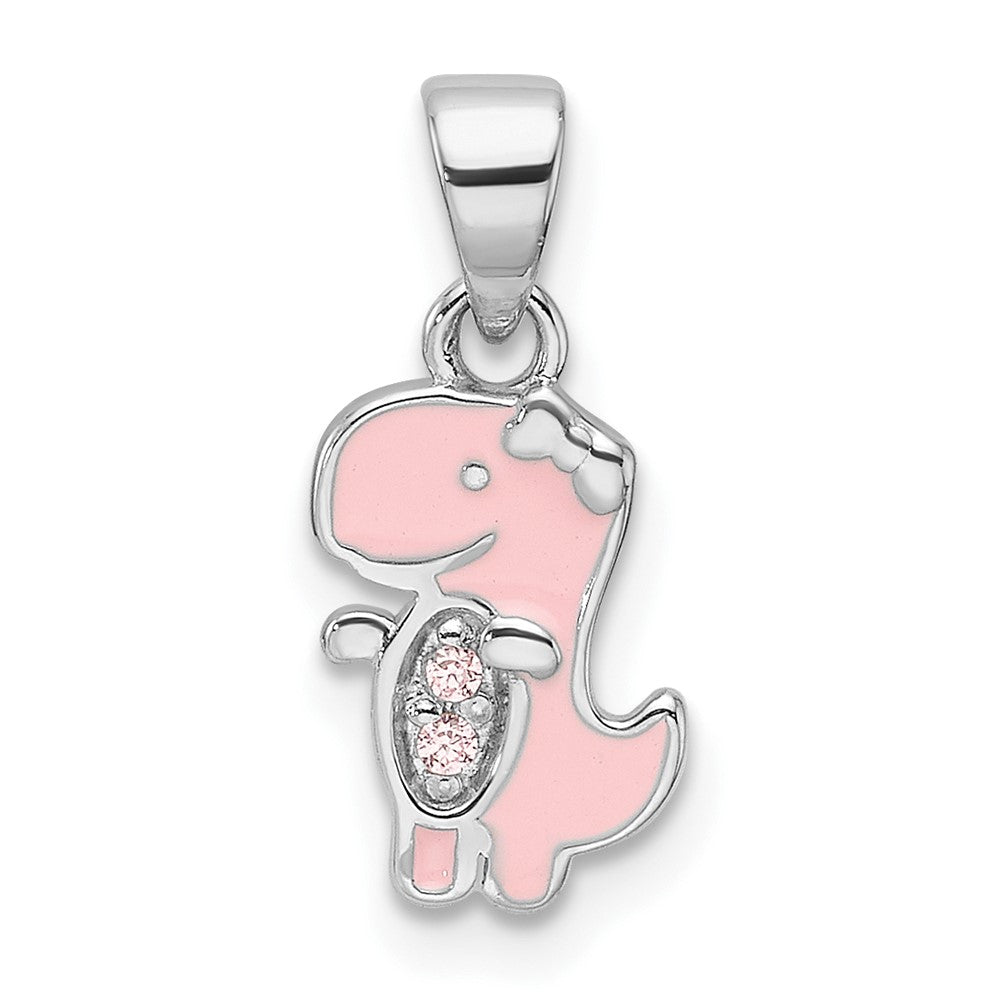 Sterling Silver RH-plated Pink Enamel & CZ Dinosaur Children's Pendant (0.87 grams)