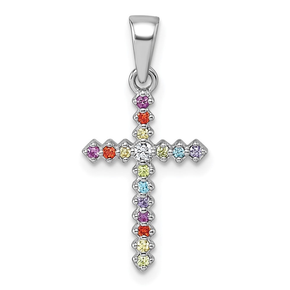 Sterling Silver Rh-plated Children's Multi Color CZ Cross Pendant (1.26 grams)