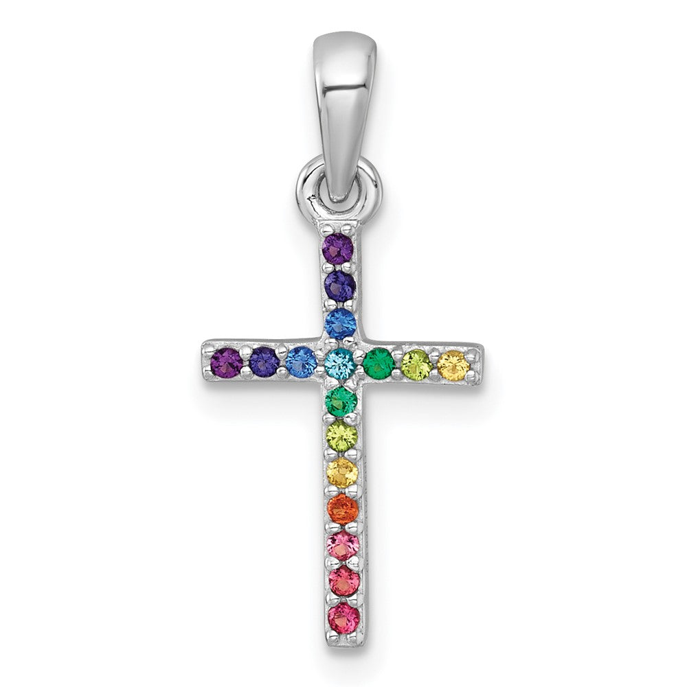 Sterling Silver RH-pl Multi Color Nano Crystals Children's Cross Pendant (0.62 grams)