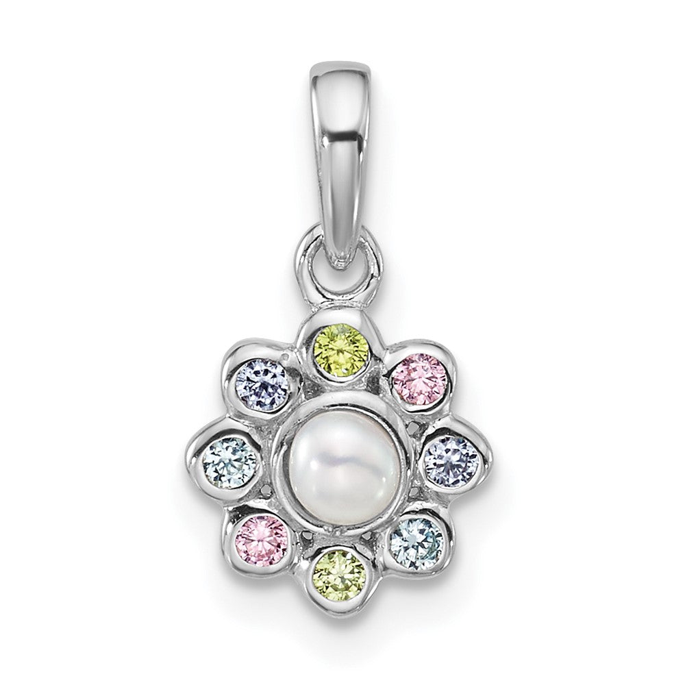 Sterling Silver Rh-plated Children's CZ And FWC Pearl Pendant (0.9 grams)