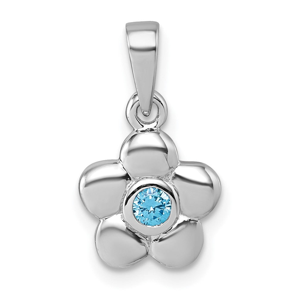 Sterling Silver Rh-pl Children's Polished Blue CZ Flower Pendant (1.32 grams)