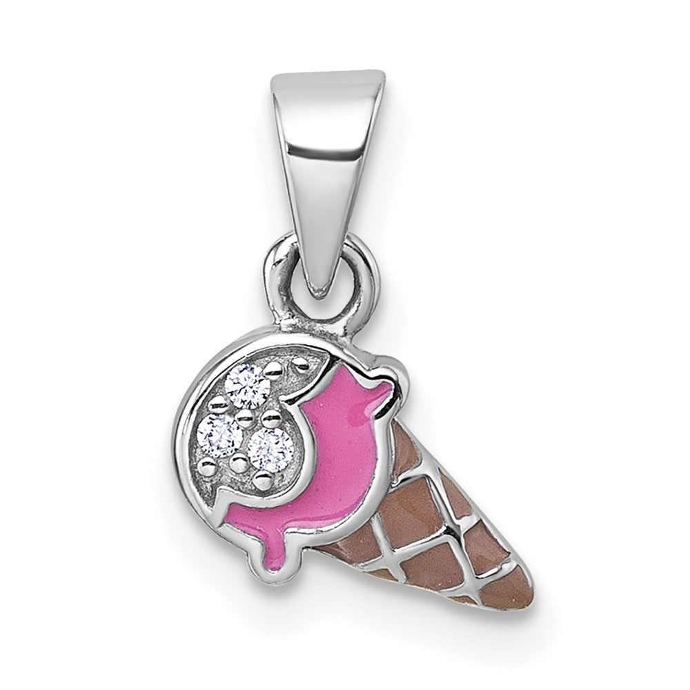 Sterling Silver Rhodium-plated Children's Enamel CZ Ice Cream Pendant (0.68 grams)