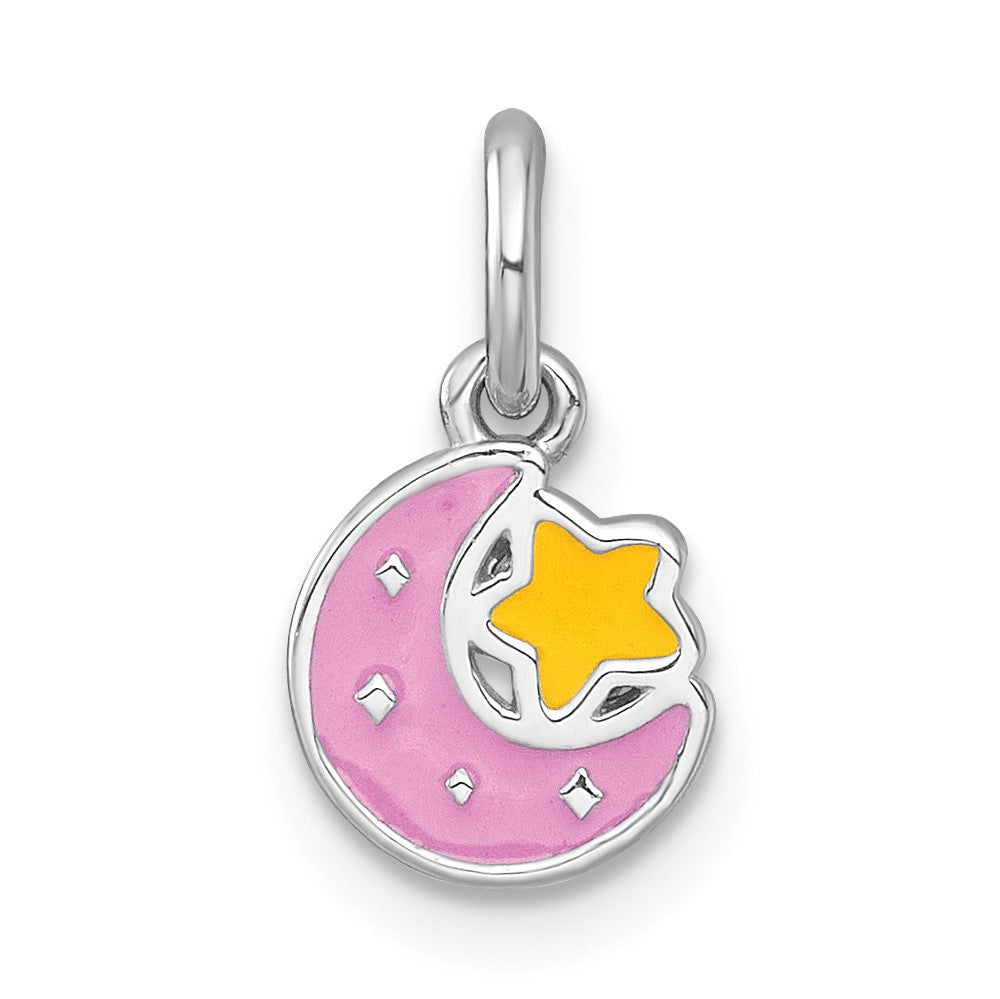 Sterling Silver RH-plated Polished Enamel Moon and Star Children's Pendant (0.51 grams)