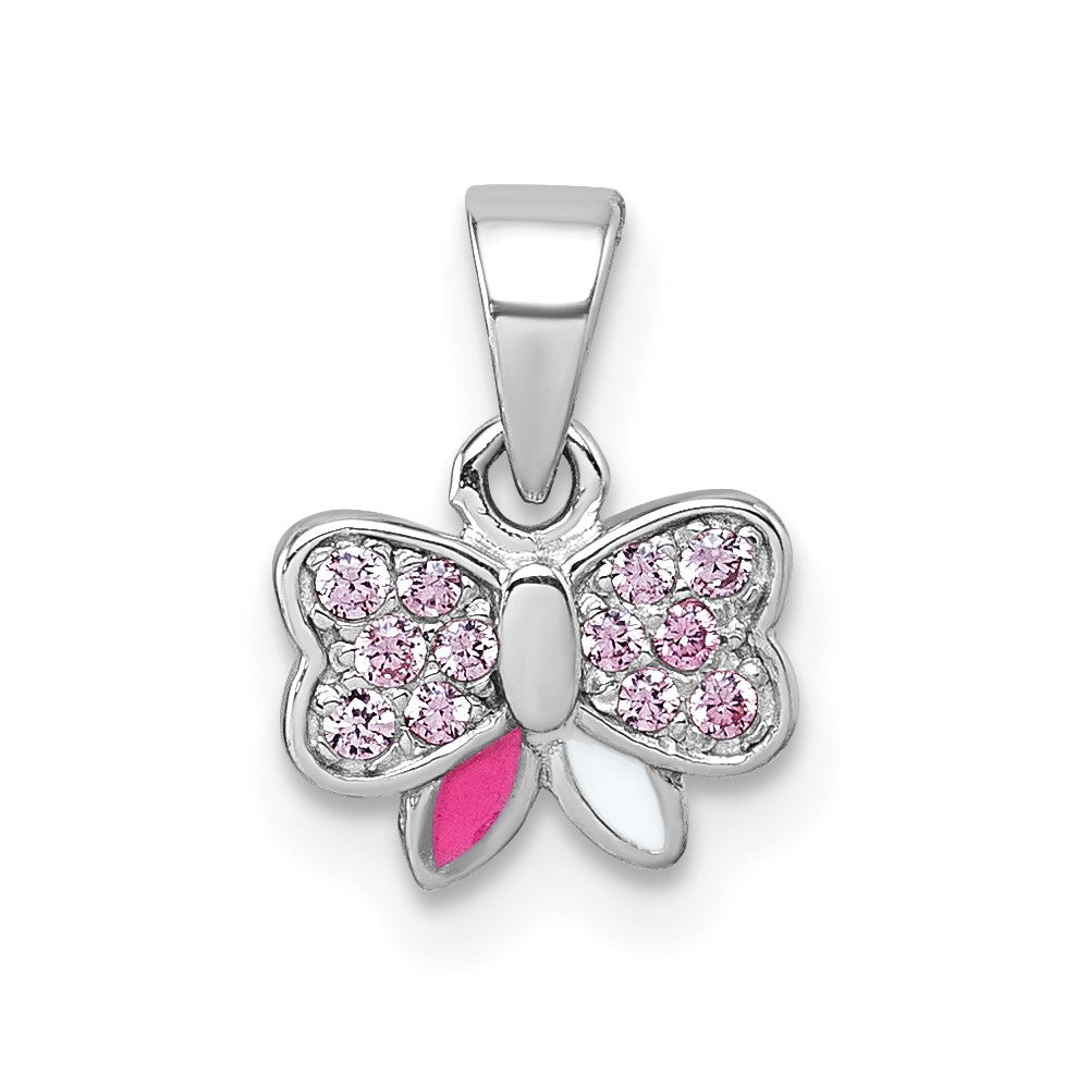 Sterling Silver Rhodium-plated Children's CZ Enamel Bow Pendant (0.67 grams)