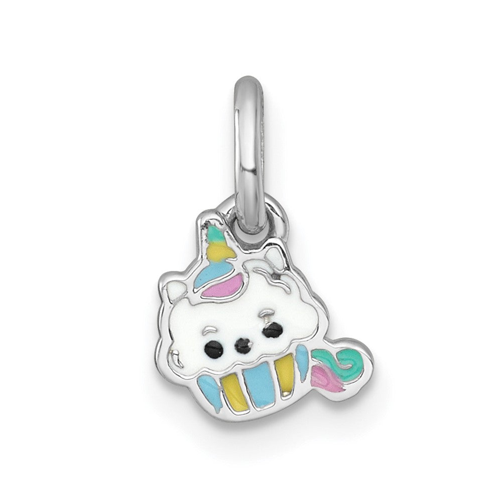 Sterling Silver Rhodium-plated Enamel Unicorn Cupcake Children's Pendant (0.45 grams)