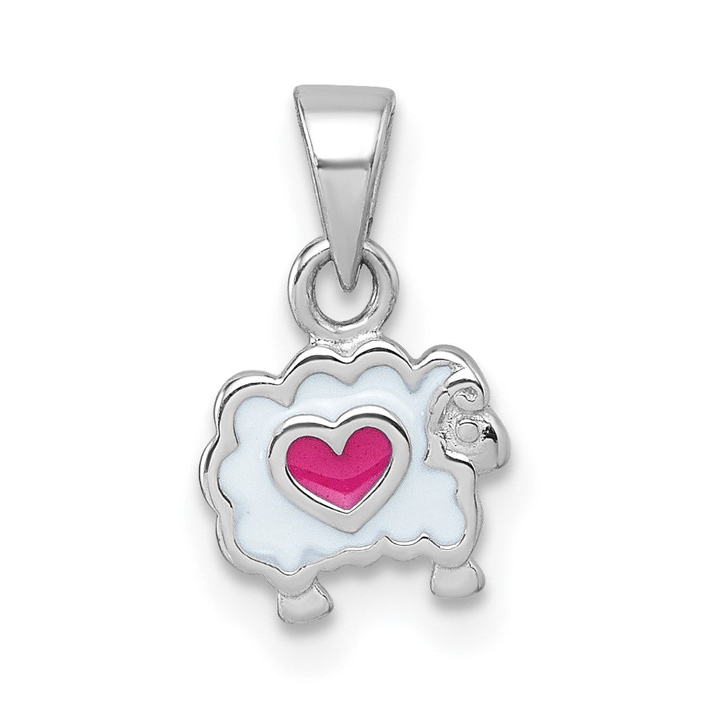 Sterling Silver Rhodium-plated Children's Enamel Sheep with Heart Pendant (0.66 grams)