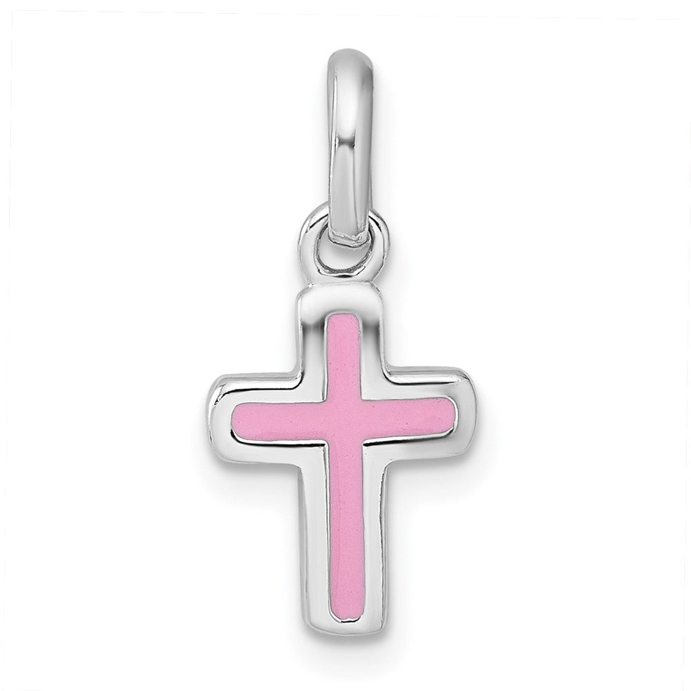 Sterling Silver Rhodium-plated Children's Enamel Pink Cross Pendant (0.78 grams)