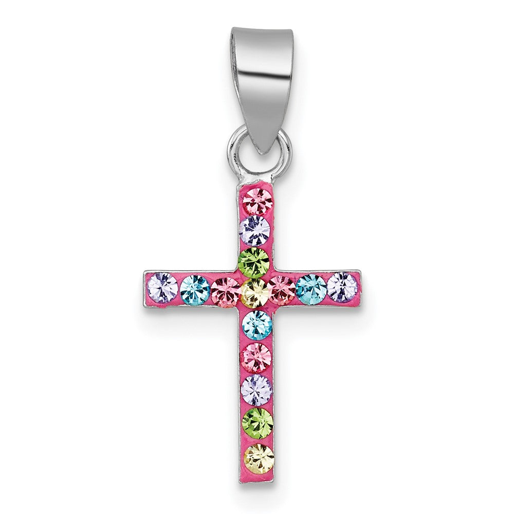 Sterling Silver RH-pl Pink Multi Color Crystal Children's Cross Pendant (0.34 grams)