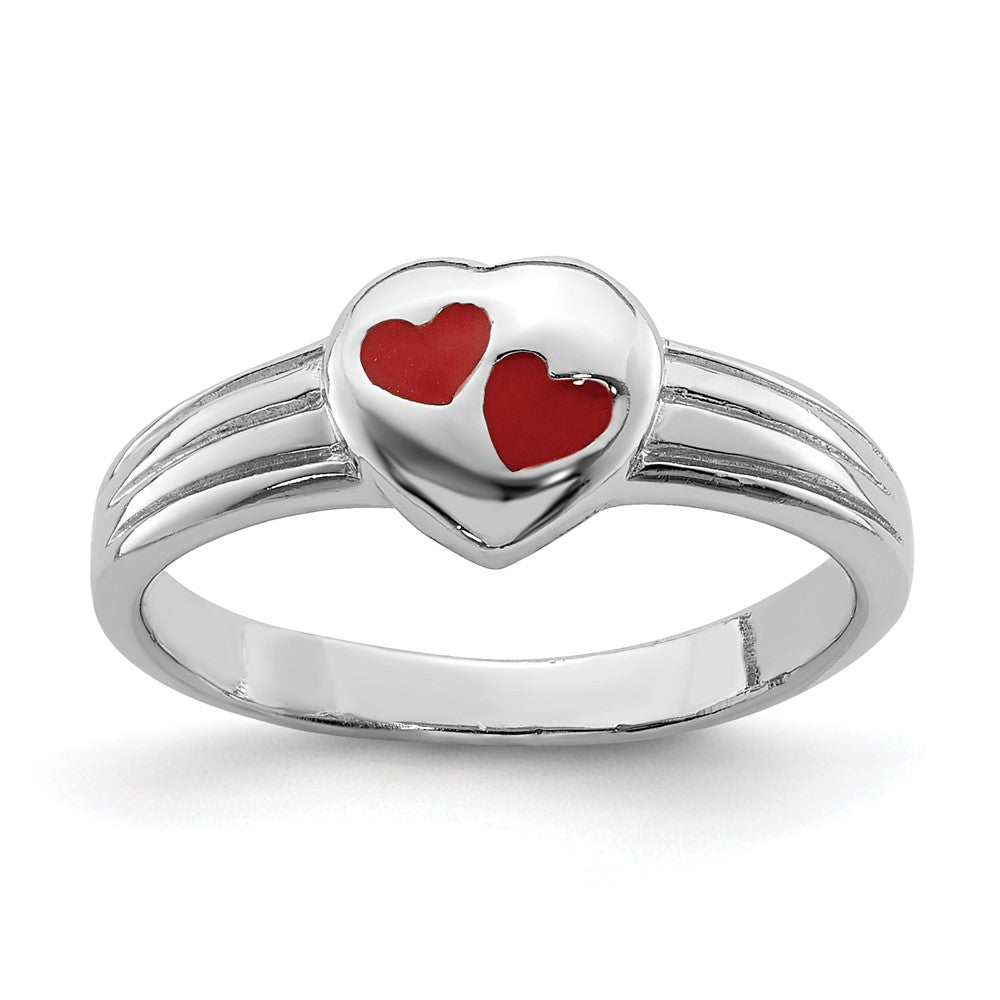 Sterling Silver RH-plated Polished & Red Enameled Heart Children's Ring (2 grams)