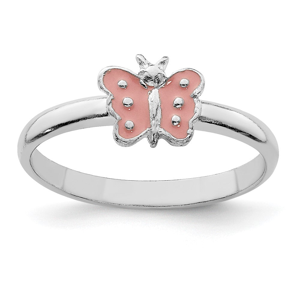 Sterling Silver RH-plated Polished Pink Enameled Butterfly Children's Ring (1 grams)