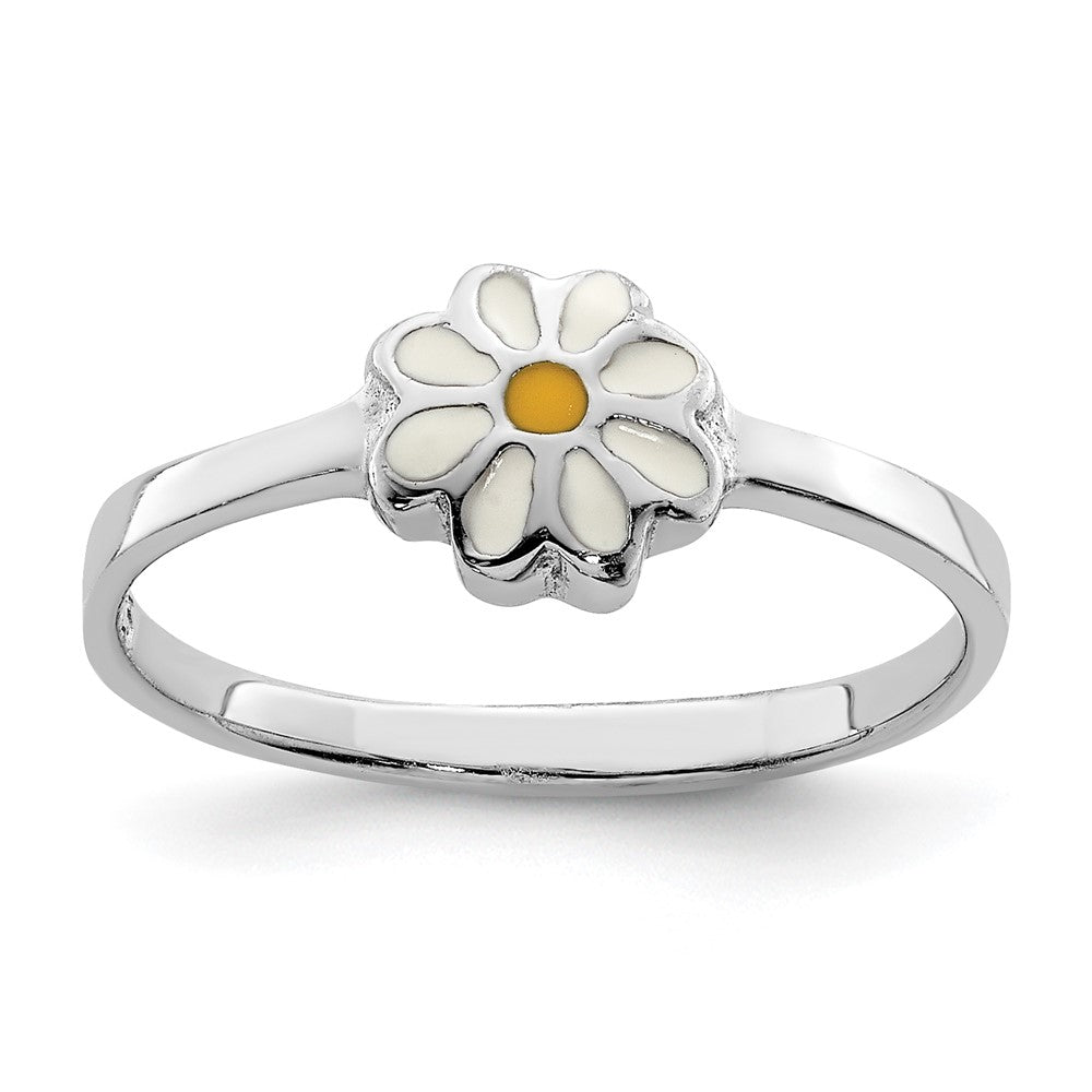 Sterling Silver RH-plated White & Yellow Enameled Daisy Children's Ring (1.1 grams)