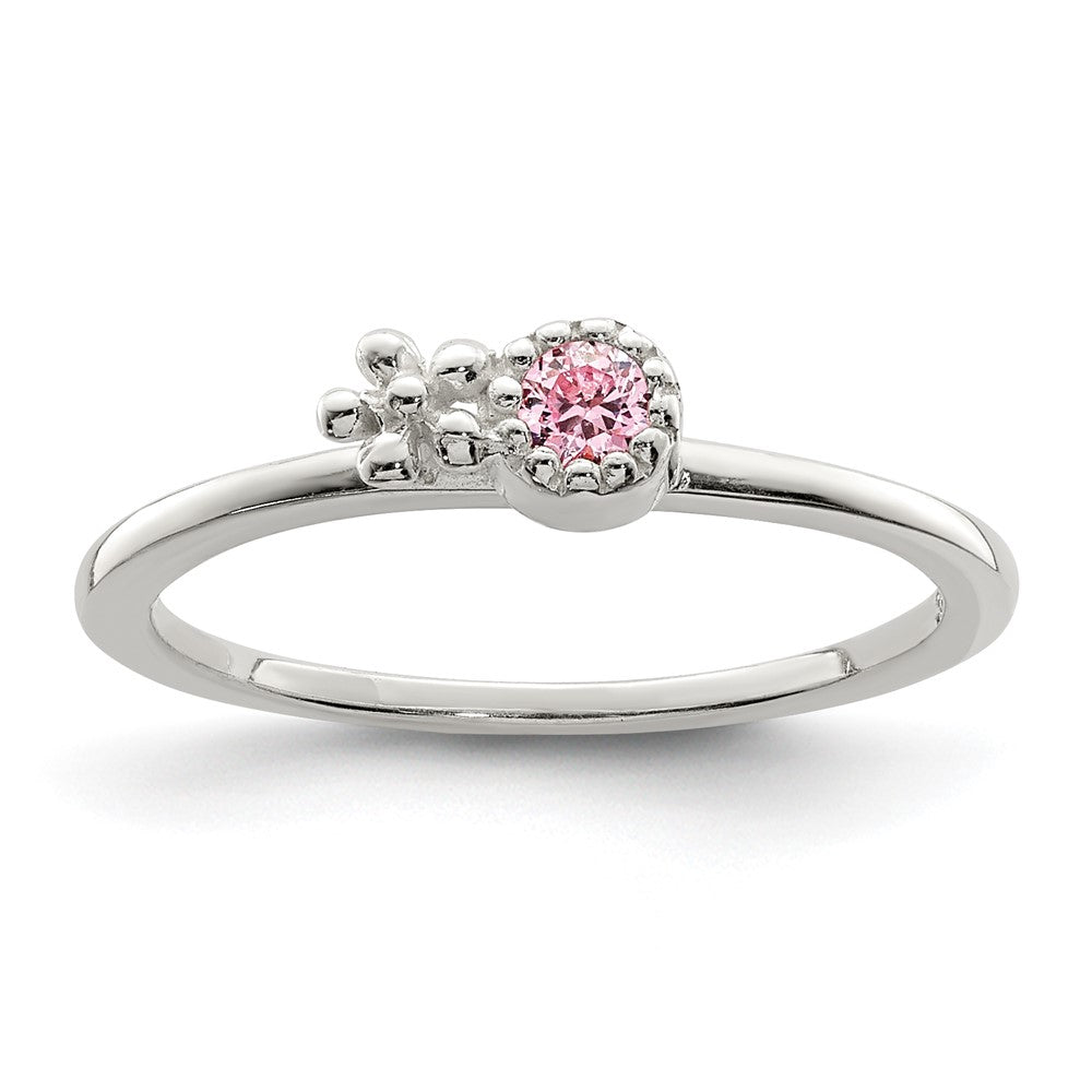 Sterling Silver Polished & Beaded Pink CZ Flower Children's Ring (1.05 grams)