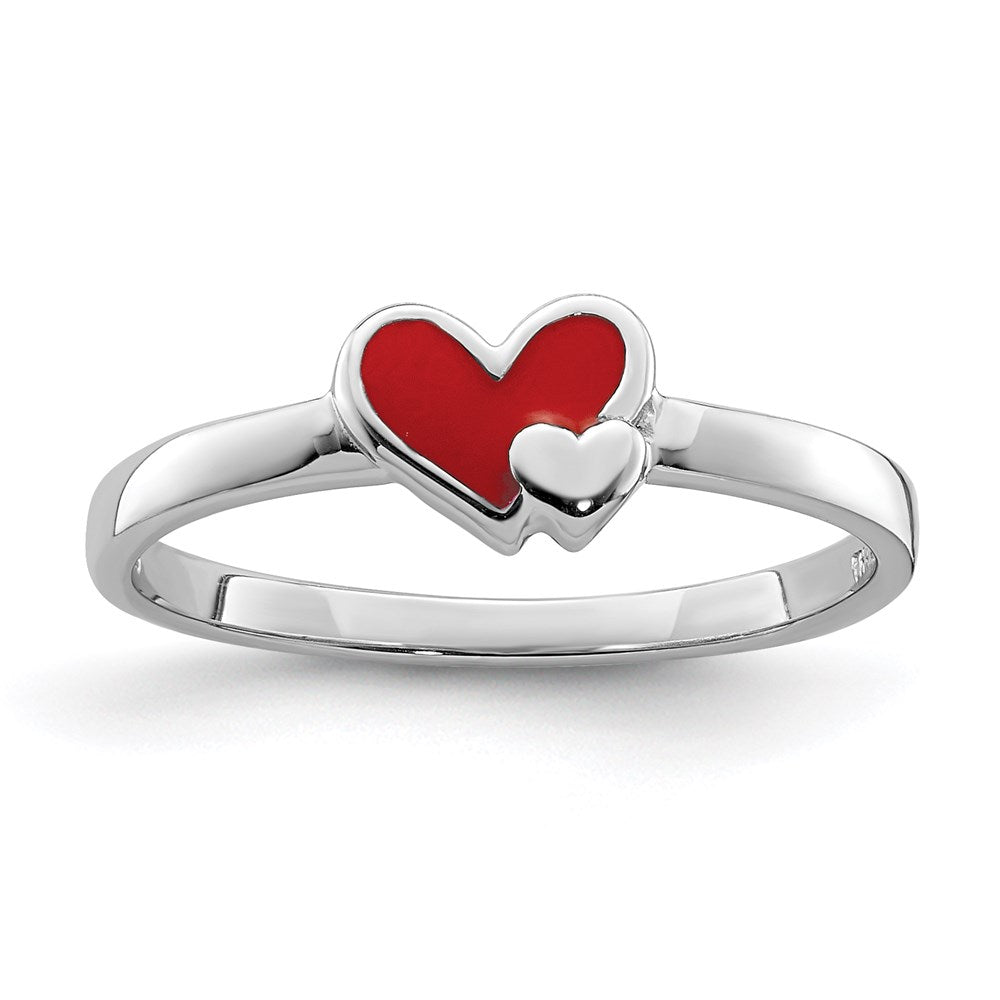 Sterling Silver RH-plated Red Enameled Double Heart Children's Ring (1.06 grams)